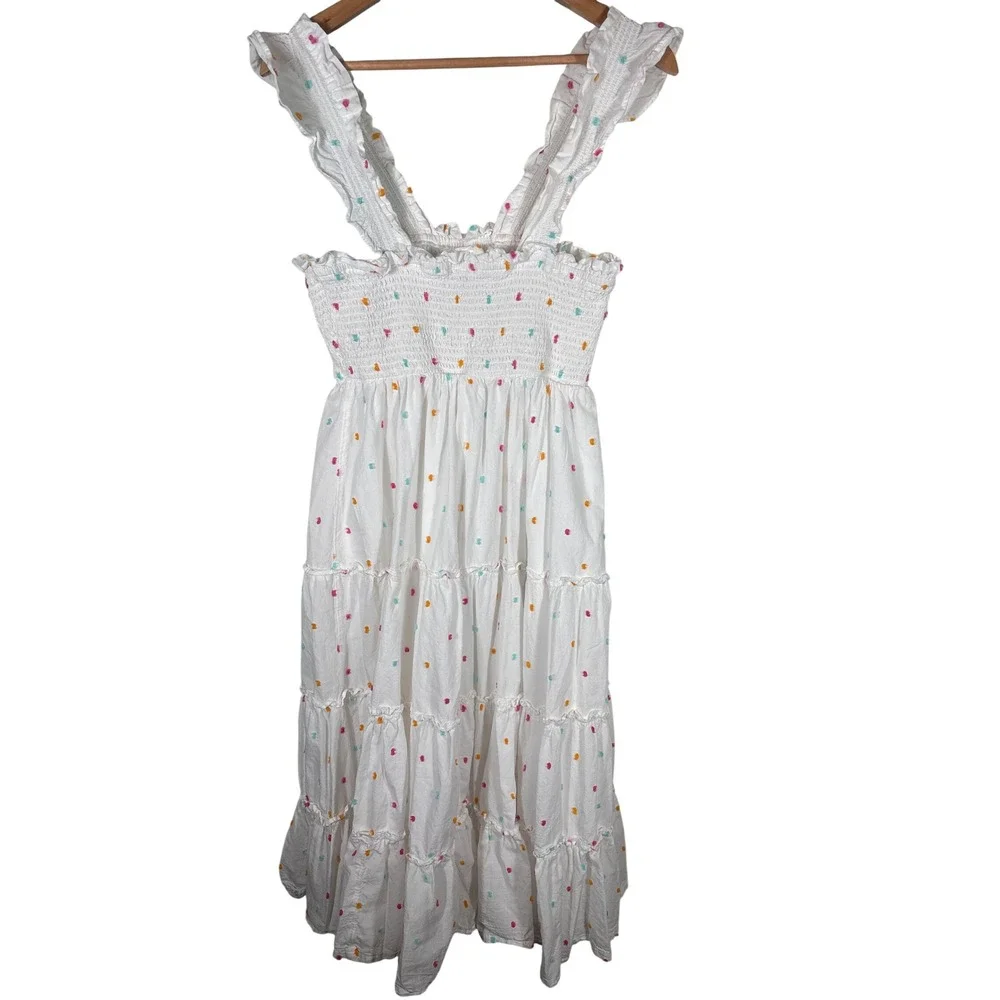 Crown & Ivy Women Size Small White Clip Dot Smocked Tiered Sleeveless Midi Dress